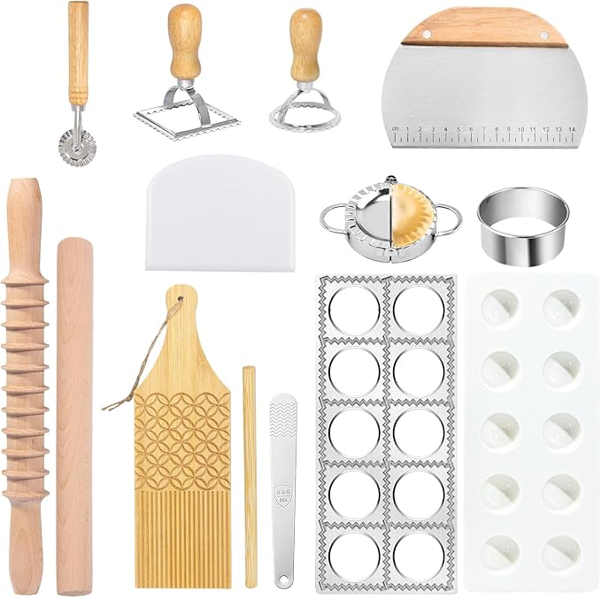 Pasta Making Tools,13PCS Wood Pasta Making Kit with Pasta Rolling Pin,Ravioli Mold,Ravioli Cutter,Gnocchi Board,Pasta Stamps,Dumpling Tools,Stick Dough Scraper Making Accessories
