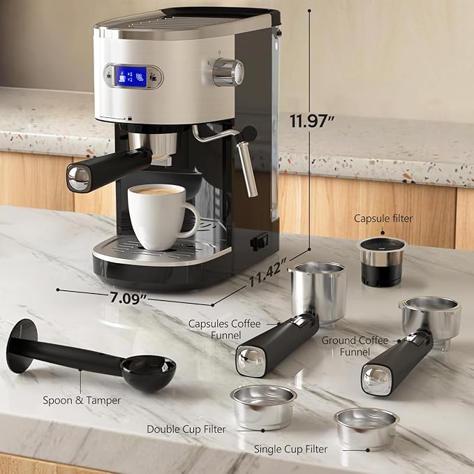 20 Bar Espresso Machine Semi-Automatic, Professional Coffee Maker with Milk Frother Steam Wand & 45OZ Removable Water Tank, Home Barista System for Cappuccino, Latte, Americano-Stainless Steel
