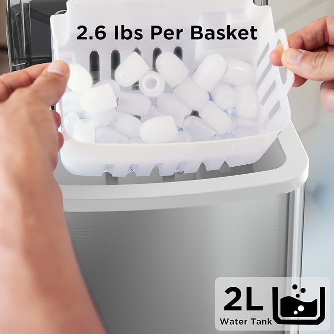 Totnz Countertop Ice Maker Machine - 26lbs in 24Hrs, 9 Ice Cubes Ready in 6 Mins, Auto-Cleaning Portable Ice Maker with Ice Basket, Handles and Scoop, for Home/Kitchen, Stainless Steel