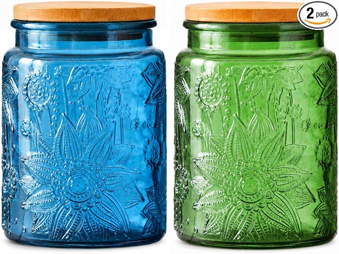 Set of 2 Vintage Glass Canisters with Bamboo Lids, 23.7 oz Embossed Glass Storage Jars, Airtight Food Containers for Coffee Beans, Tea, Sugar, Cookies, Candy, Kitchen Counter Decor, Blue & Green