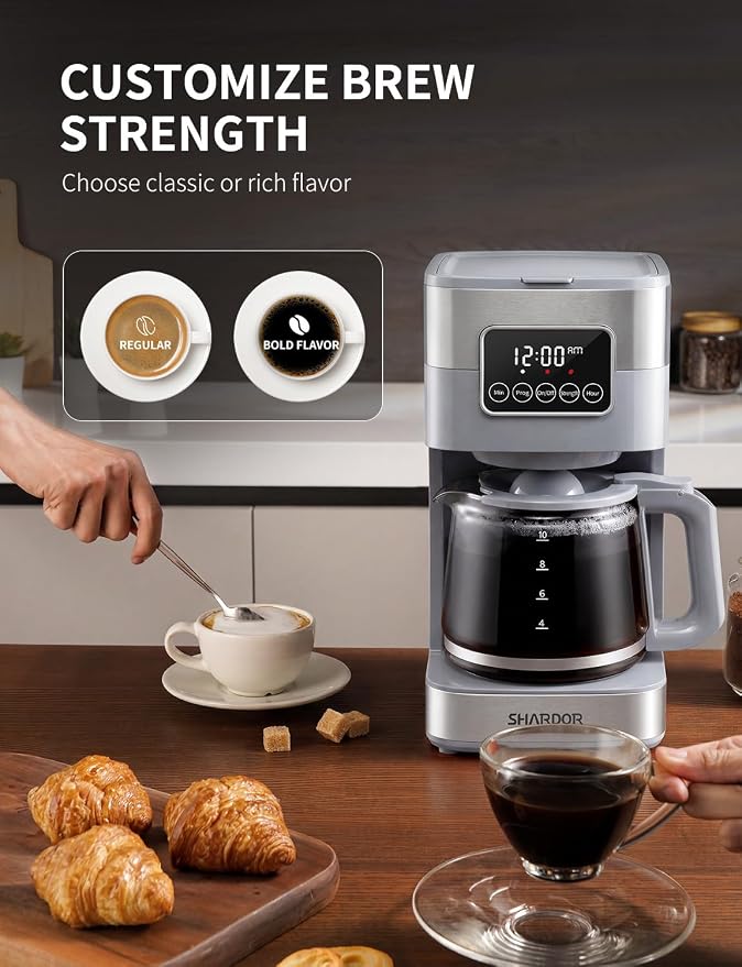 SHARDOR 10-Cup Programmable Coffee Maker, Regular & Strong Brew Drip Coffee Machine for Home and Office, Auto Shut Off, Permanent Filter (gray)