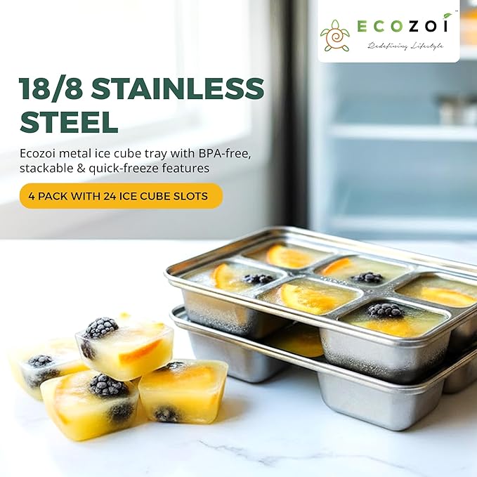 ecozoi Stainless Steel Ice Cube Trays, 4 Pack with 24 Ice Cube Slots - Easy Release, Plastic-Free, Zero Waste