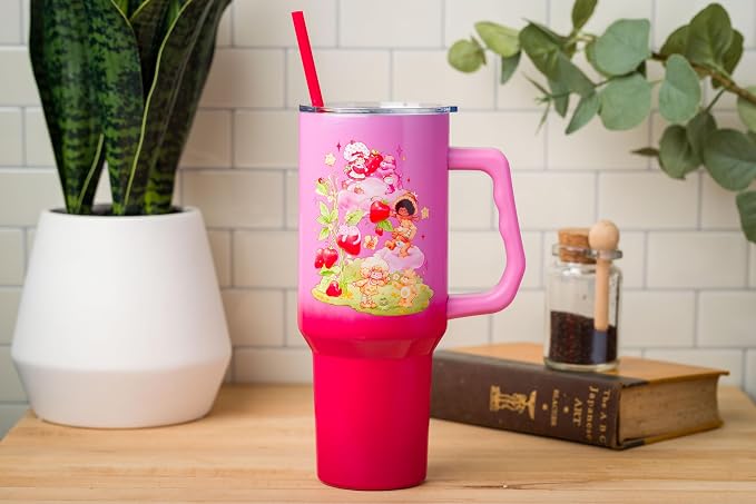Silver Buffalo Care Bears and Strawberry Shortcake Ombre Double Walled Stainless Steel Tumbler with Handle, Fits in Standard Cup Holder, 40 Ounces