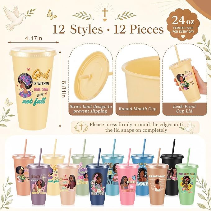 Hollowfly 12Set/48Pcs African Americans Black Women Christian Gifts Set Include 24oz Coffee Cup with Lid and Straw, Makeup Bags, Mirrors, Notepad, Black Owned Inspirational Gift for Women(Morandi)