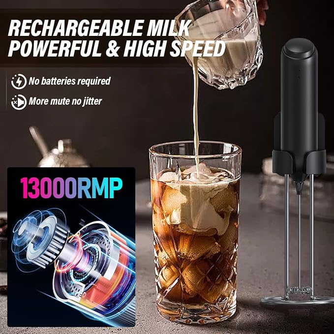 Rechargeable Milk Frother Handheld for Coffee, Stirrers Electric Whisk with Wall Mounted Stand, Drink Mixer Hand Frother Wand for Coffee, Matcha, Frappe, Hot Chocolate and Lattes(Black)