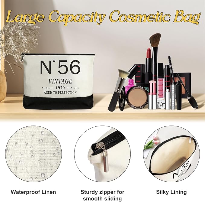 YeohJoy 56th Birthday Gifts for Women Canvas Tote Bag Travel Gear, Unique 56 Years Old Gifts for Wife Mom Sister Aunt Friends Her, Vintage N°56 Handbag & Cosmetic Bag & Back in 1970 Poster