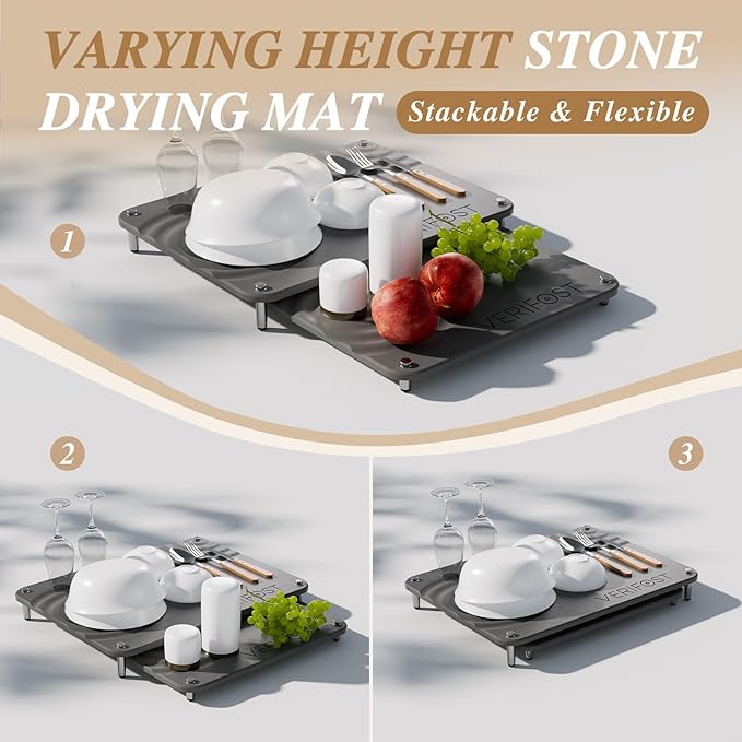 VERIFOST 2025 2PCs Large Drying Stone for Kitchen Counter, Stone Drying Mat for Kitchen Counter, Quick Drying Matt Kitchen Counter, Diatomaceous Earth Dish Mat with Non-slip Feet Midnight Gray