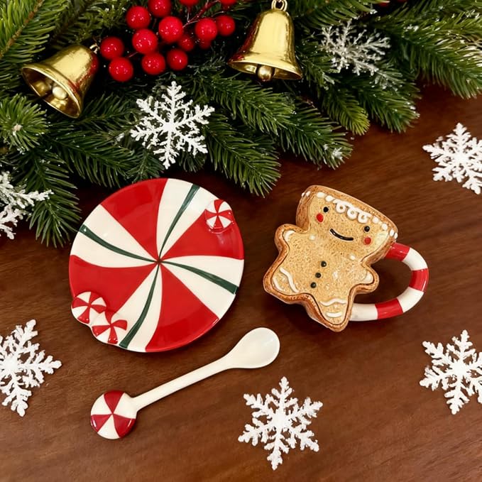 Ceramic Christmas Tea Cup and Saucer Set，200ML(6.8OZ) 3D Hand-painted Christmas Gingerbread Man Coffee Mug，Round Saucer, Spoon