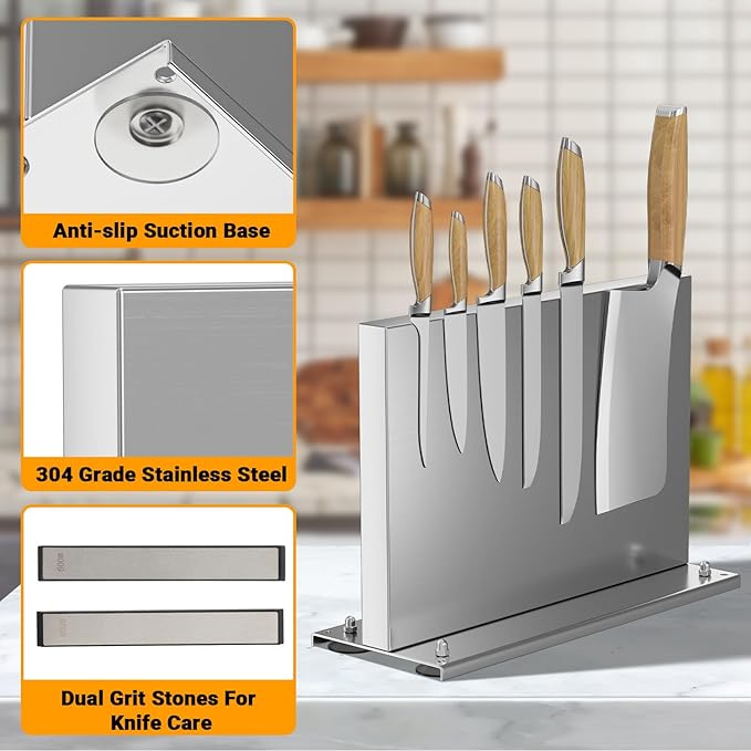Magnetic Knife Block with Sharpener, Double-Sided Stainless Steel Magnetic Knife Holder with Suction Base, Kitchen Counter Knife Holder Stand, No-Drill Installation