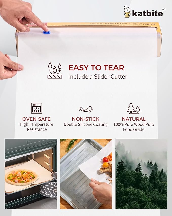 Katbite Heavy Duty Parchment Paper Roll for Baking, 15 in x 210 ft, 260 Sq.Ft Baking Paper with Slide Cutter, Easy to Cut & Non-stick Cooking Paper for Bread, Cookies, Air Fryer, Steaming, Grilling