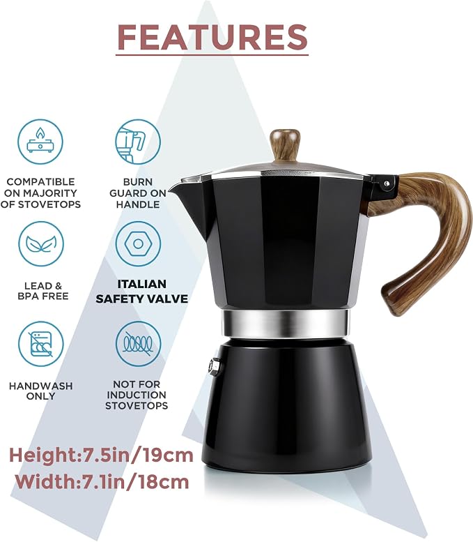 AGOGO Milano Moka Pot Stovetop Espresso Maker with 100 Paper Filters for Sediment-Free Coffee, Classic Italian Greca with Wood-Grain Handle,Cleaning Brush & Towel 6 Cup (10oz / 300ml) Black