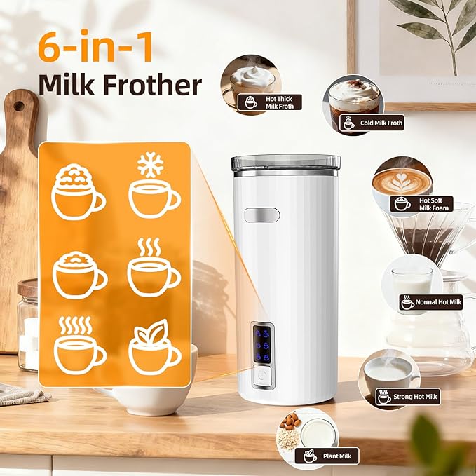 Electactic Milk Frother, 6-in-1 Electric Milk Steamer, 8.5oz/250ml Automatic Warm and Cold Foam Maker and Milk Warmer for Latte, Cappuccinos, Macchiato, From the Makers of Instant 400W, White