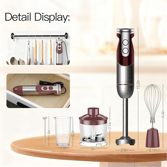 MegaWise Pro Titanium Reinforced 5-in-1 Immersion Hand Blender, Powerful Motor with 80% Sharper Blades, 12-Speed Corded Blender, Including 500ml Chopper, 600ml Beaker, Whisk and Milk Frother (Red)
