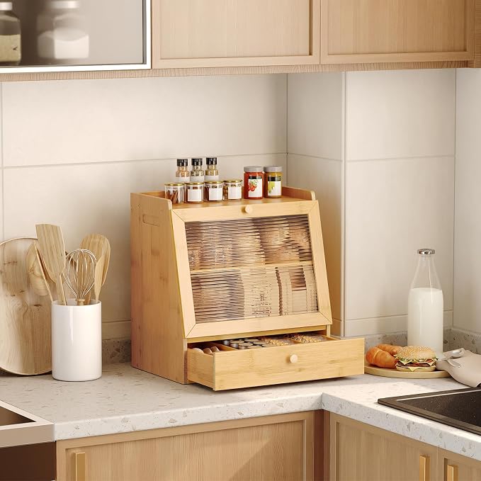 HOOBRO Bread Box, Bamboo Bread Box for Kitchen Countertop, 2-Tier Bread Storage Container with Drawer, Bamboo Food Cabinet with Acrylic Door, for Kitchen, Dining Room, Natural YL21MB01
