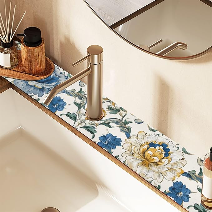 Kitchen Sink Splash Guard 2 PCS 30 Inch Sink Faucet Mat Splash Guard for Bathroom Countertop Water Absorbent Foldable Cuttable Soft Washable Royal Floral Blue and Yellow Tile