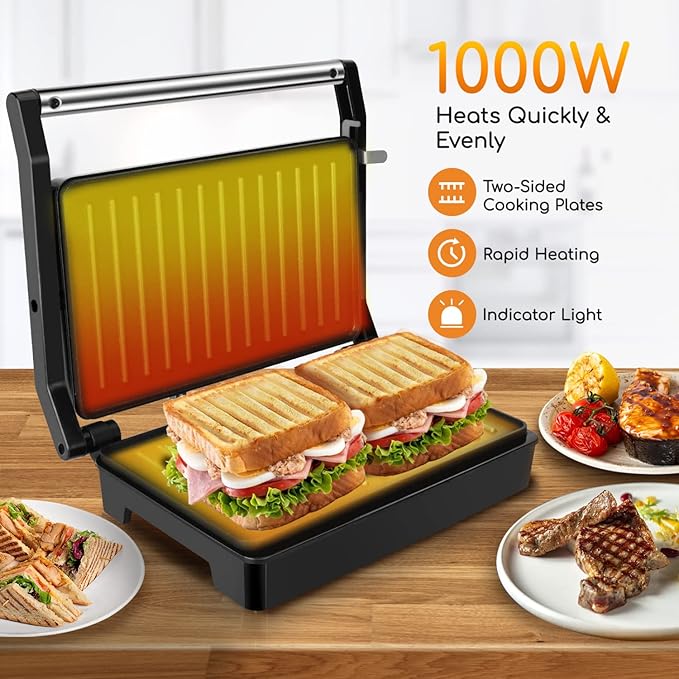 Aigostar Panini Press Grill Sandwich Maker with Non-Stick Double-Sided Heating Sandwich Press, Indicator Light, Locking Lid, Cool Touch Handle