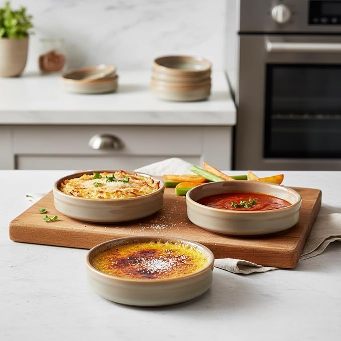 ONEMORE Ramekins Oven Safe Set of 6, 4 oz Creme Brulee Ramekins, Ceramic Ramekin Bowls for Souffle, Custard, Dipping Sauce, Dessert, Microwave Dishwasher Freezer Safe, 4.5 Inch - Beige