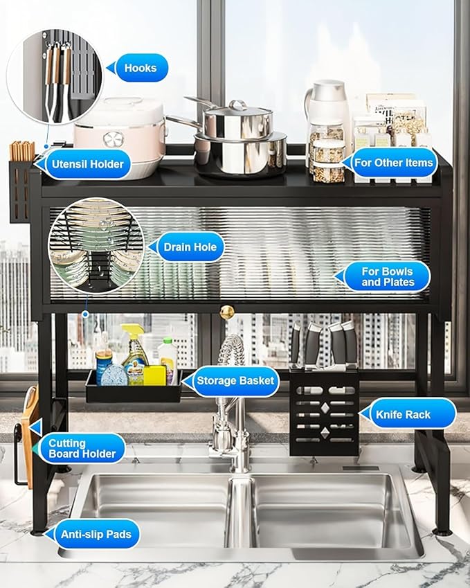 Dish Drying Rack, 3 Tier Over The Sink Dish Drainer Drying Rack, 33.5" Over Sink Dish Rack, Space-Saving Kitchen Sink Organizer, Large Drying Rack with Cover Baskets Black
