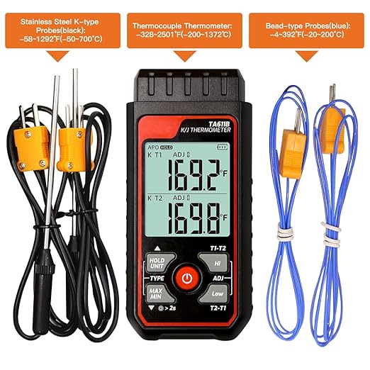 Digital Thermocouple Thermometer Dual-Channel K/J Type Thermometer -328~2501℉ Wide Range Industrial HVAC Temperature Meter with 4PCS of K-Type Thermocouple Probes, Alarm,Temp Conpensation