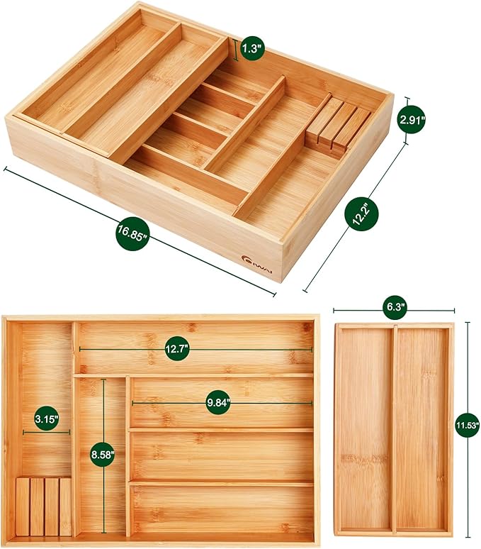 Double Layer Bamboo Kitchen Drawer Organizer Cutlery Utensil Silverware Drawer Organizer, cutlery Silverware Tray for Drawer, deep Utensil Holder Drawer Dividers for Flatware (L: 16.85 × 12.2 in)