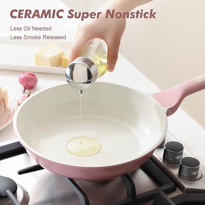SENSARTE Large Nonstick Ceramic Cookware Set 13Pcs with 8-inch Frying Pan, Healthy Non Toxic Pan Set Induction Compatible with Heat Resistant Handle, PFAS-Free, Pink