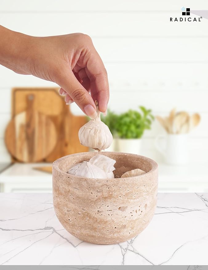 Radicaln Marble Garlic Keeper With Lid 4.5 Inch Travertine Handmade Garlic Storage and Garlics Container For Kitchen, Keep Fresh Garlic Cloves, Ideal Garlic Keeper for Counter