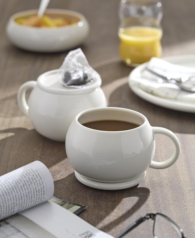 Oneida Coffee Mug Set, Quirk Mugs with Coasters, Set of 4, Service For 4, Porcelain Material, Microwave And Dishwasher Safe, Ceramic Mugs, Coasters And Coffee Cups (White, 8 Pieces, 18 Ounce Capacity)
