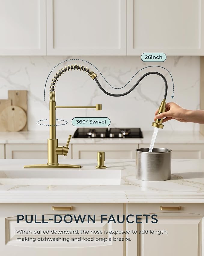FORIOUS Gold Kitchen Faucet with Pull Down Sprayer, Stainless Steel Commercial Single Handle Classic Spring Pull Out Sink Faucet for Pot Filler, Farmhouse Camper Bar Laundry Room