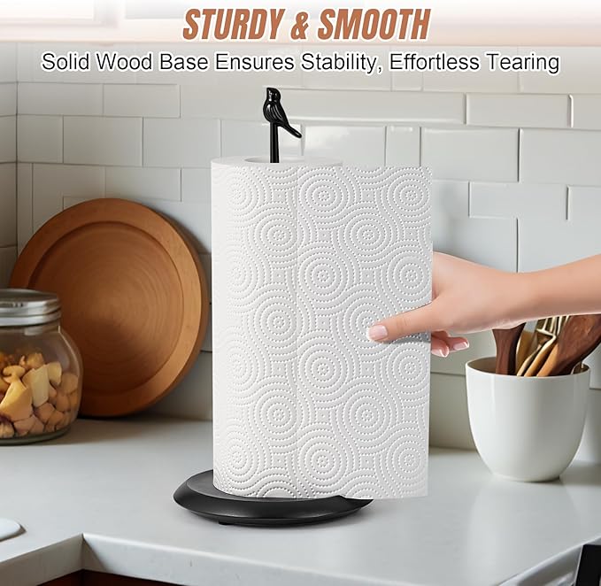 Wooden Paper Towel Holder countertop,Stylish Bird Shaped,Solid Wood Base&Iron Top,with Non-Slip Mat,Stable&Durable,Paper Towel Holder Black-Farmhouse Style to Elevate Your Kitchen's Décor(All Black)