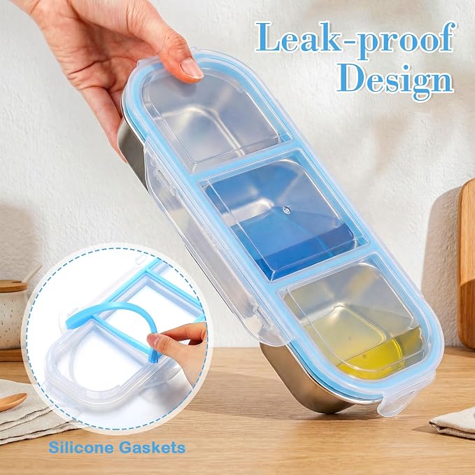 8 Pack Stainless Steel Snack Containers with Leak Proof Lids, 2/3 Compartments Metal Bento Lunch Box, Reusable Divided Food Storage Container for Adults Home Travel Work (Blue)