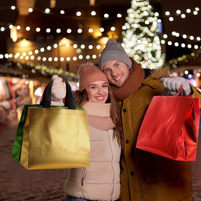 Eccliy Reusable Gift Bags Set Glossy Grocery Gift Tote Bag with Handle for Wedding, Bridal Shower, 4th of July, Summer Event(12 x 11 x 4.7 Inch,Red, Gold, Green,80 Pcs)