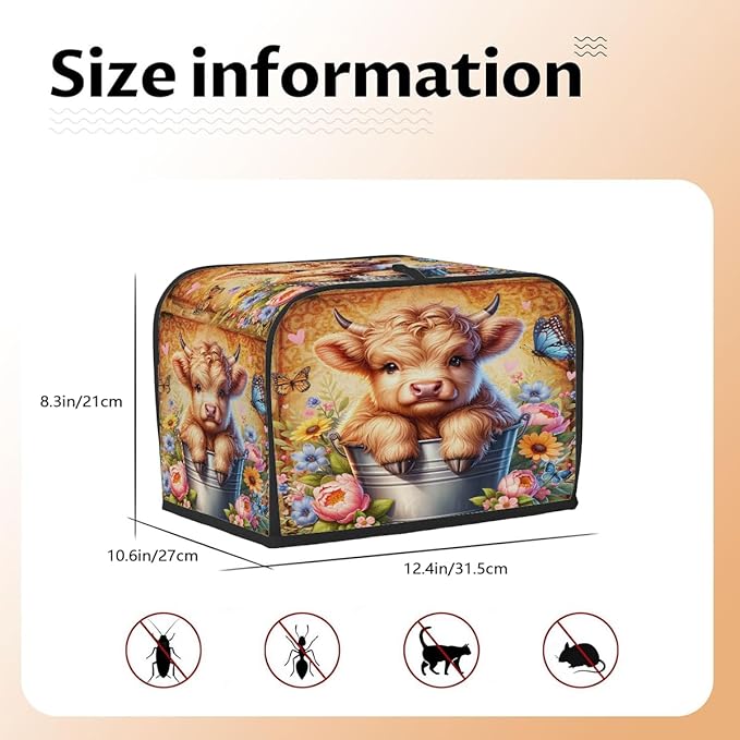 Highland Cow Retro Cute 4 Slice Toaster Cover Dust And Fingerprint Bread Maker Cover Bakeware Protector Washable Appliance Covers Kitchen Accessories For Home Kitchen Women Gift