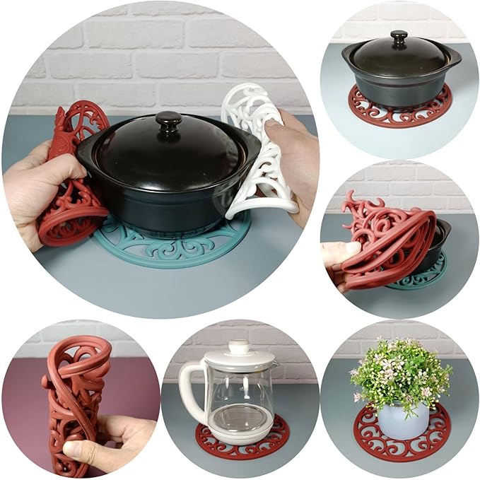 Silicone Trivet Mat-Trivets for Hot Dishes, Table, Countertop, Non-Slip Heat Resistant Modern Kitchen Teapot Trivet-Flexible Round Pads Mats, Multi-Use Intricately Carved Pad Mat of 6 Wine Red