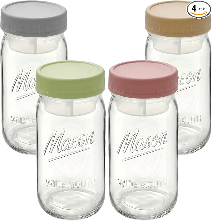 32 oz Glass Jars, Wide Mouth Mason Jars with Airtight Lids for Food Storage, Snacks, Meal Prep & Lunch Leakproof (4 Pack - Color)