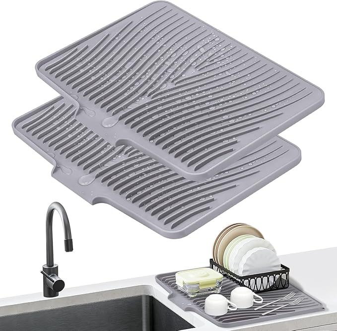 Silicone Dish Drying Mat for Kitchen Counter, Dish Drying Pad, Non-Slip Drain Pad with Built-in Drain, Heat Resistant Stone Drying Mat