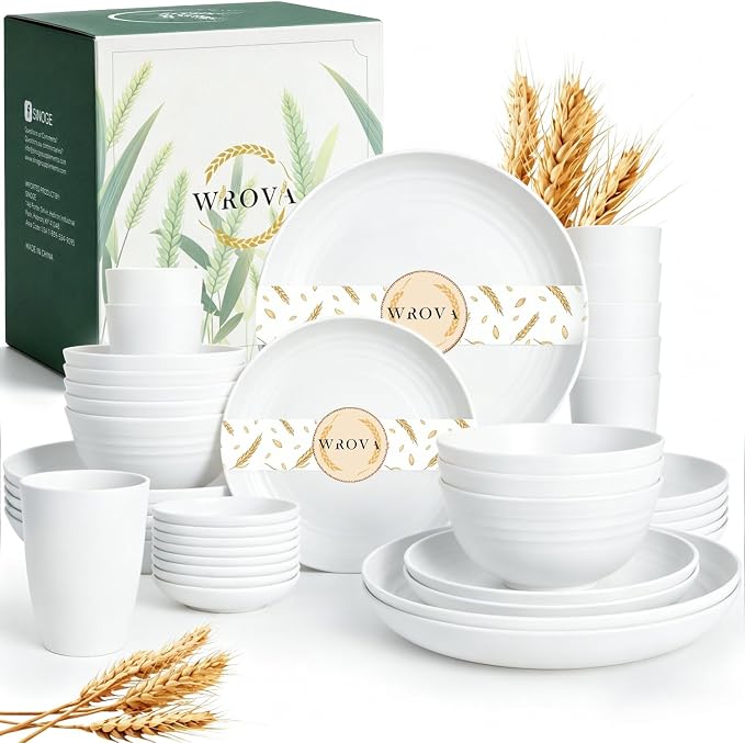 Wrova 40PCS Modern Plates and Bowls Sets Service for 8, Unbreakable Wheat Straw Dinnerware Sets Microwave Safe, Reusable Deep Dinner Plates/Cereal Bowls/Sauce Dishes/Cup Sets for Kitchen,Party- White