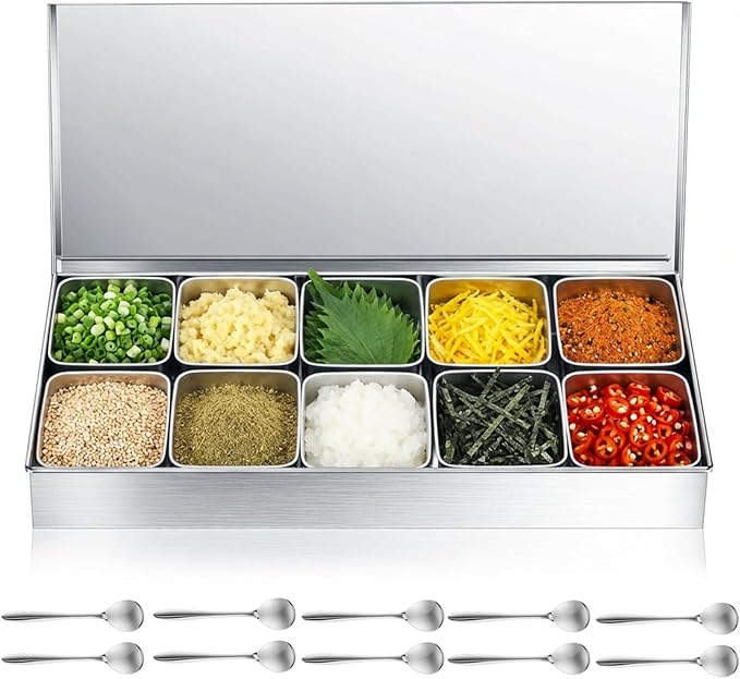 Boao 10 Compartment 304 Yakumi Pans Stainless Steel Seasoning Condiment Container with Lids Spoons, Japanese Yakumi Pans Mini Sauces Salad Dressings Storage for Food, Herbs, Spices