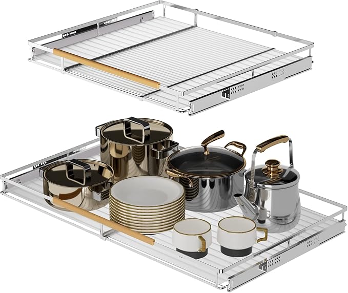 SANNO Pot Lid Organizer Pot Lid Rack Holder Suitable for Bakeware Dish Plate Expandable Pull Out Drawer Organizer and Storage, Cabinet Pots Pans Organizer Sliding Shelf Under Sink Shelf