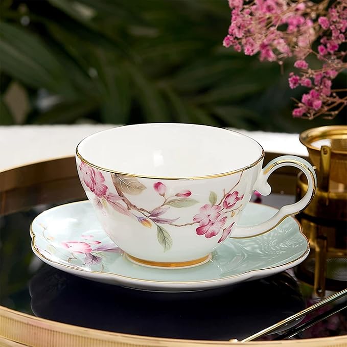 KAMMAK Ceramic Coffee Cups Saucers Set of 2, Porcelain Espresso Cups with Saucers, 5.41 oz Handmade Elegant Bone China Tea Cup, Ceramic Floral Pattern Demitasse for Latte, Americano, Cappuccino