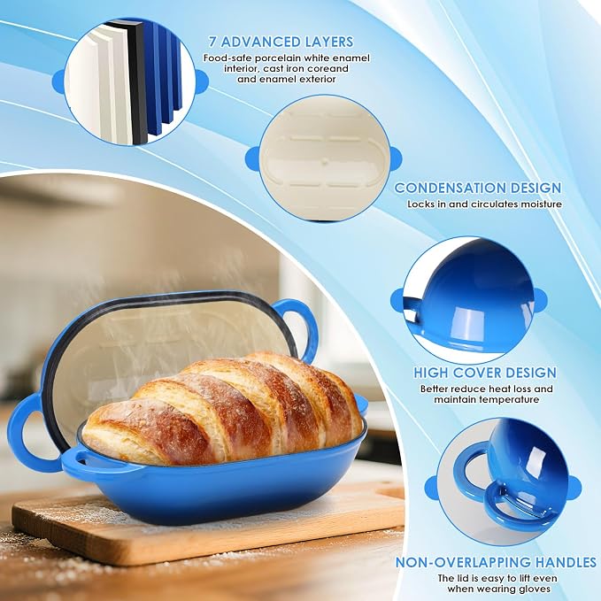 LIFERUN 2.5qt Enameled Cast Iron Dutch Oven for Sourdough Bread Baking, Oven Safe Dutch Oven Pot with Lid, Non-Stick Bread Oven Pot, Blue