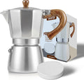 AGOGO Milano Moka Pot Stovetop Espresso Maker with 100 Paper Filters for Sediment-Free Coffee, Classic Italian Greca with Wood-Grain Handle,Cleaning Brush & Towel 6 Cup (10oz / 300ml) Silver