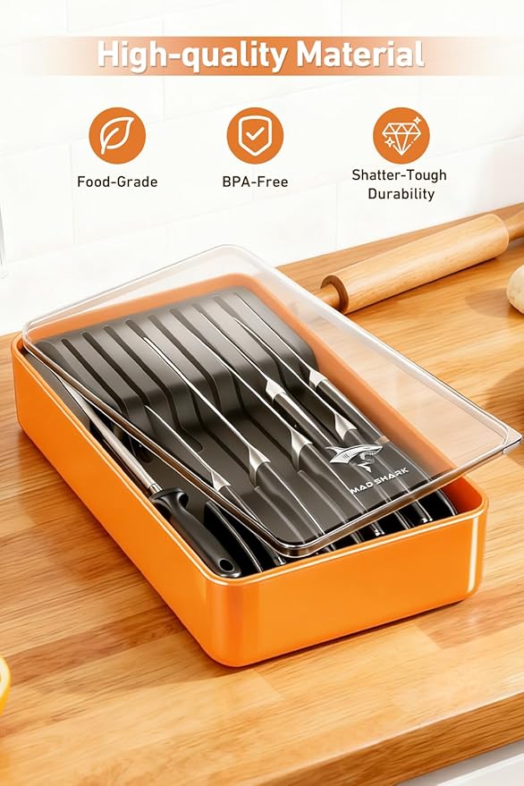 MAD SHARK 2-in-1 Detachable Knife Block & Silverware Organizer, Drawer Knife Holder for 10 Knives, BPA-Free, Blade-Safe Slots, Save Counter Space, Kitchen Drawer or Counter Storage, No Knives