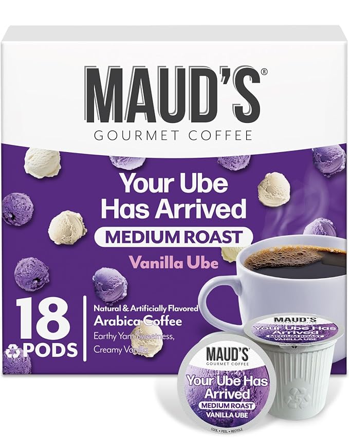 Maud's Vanilla Ube Flavored Coffee Pods, 18 ct, Medium Roast Flavored Coffee in Single Serve Pods – 100% Arabica Beans, Compatible with Keurig K Cups Maker