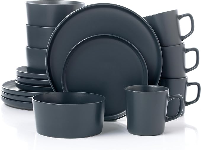 Lorren Home Trends Gray Stoneware Dinnerware Set, 16 Piece, Service for 4, Microwave and Dishwasher Safe