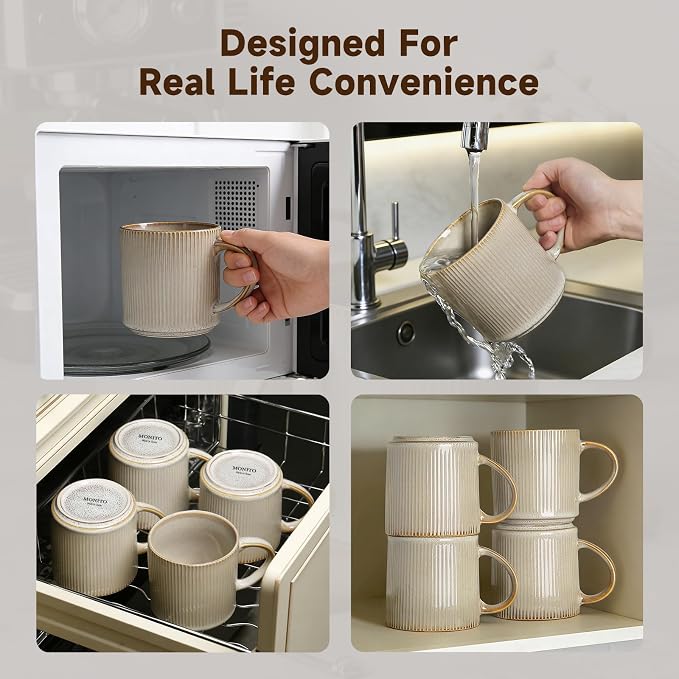 MONITO Coffee Mugs Set of 6, 16 oz Mugs Set, Ceramic Coffee Cups with Large Handles, Suitable for Lattes, Hot tea, Cappuccinos, Mochas and Cocoa,Bonbon Beige