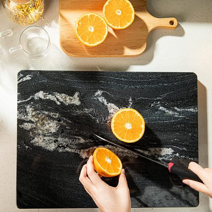 Black Marble Cutting Board for Kitchen, 12x16 Inch Marble Slab Pastry Board With Non-Slip Feet for Baking, Cheese, Charcuterie, Chocolate – Serving Tray Gift
