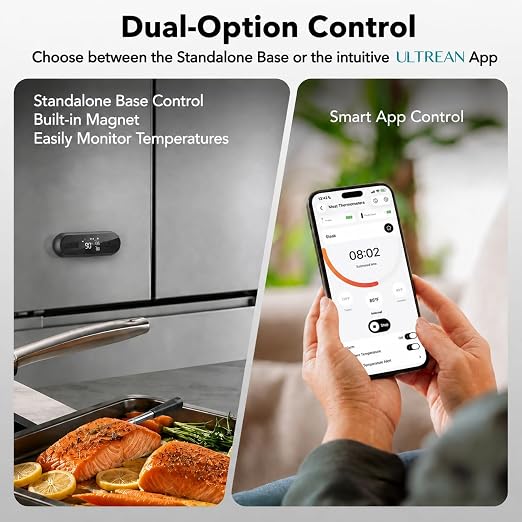 Ultrean Smart Wireless Meat Thermometer for Grilling, Instant Read Digital Thermometer, Independent-Control Magnetic Base & Thin Probe, Accurate Temperature Alerts for BBQ, Oven, Smoker, Air Fryer