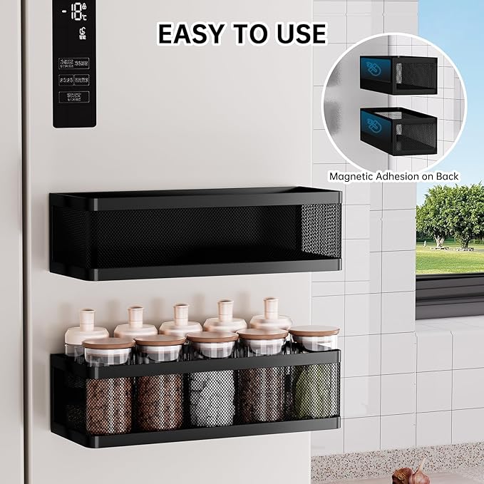 2-Pack Magnetic Spice Rack for Refrigerator, Magnetic Shelf with Tall Guardrails to Prevent Falling - Strong Magnet Organizer for Kitchen, Pantry, Cabinet & Laundry Room (Black)