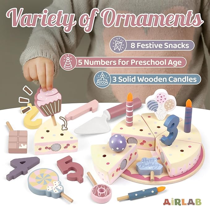 Wooden Birthday Party Cake Play Food Sets for Toddler 3 4 5 Year Old Girls Boys Kids Kitchen Accessories Pretend Play Toy Gift Educational Toys