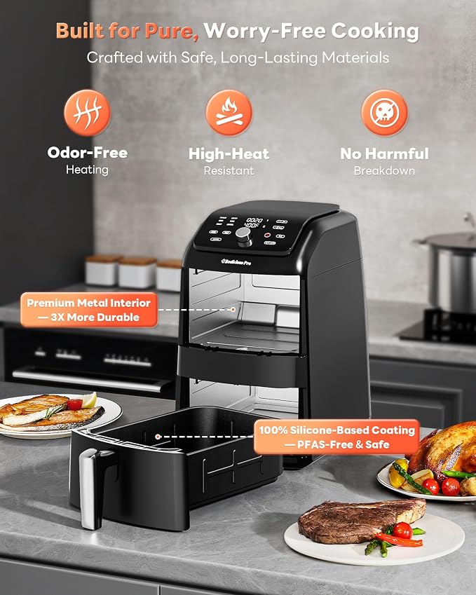 12QT Large Double Air Fryer, Family-Size Dual Airfryer with 2 Baskets, SyncHeat Even Heating, Stacked Compact Design, Smart Finish & Match Cook, PFAS-Free Nonstick, Dishwasher-Safe, Black